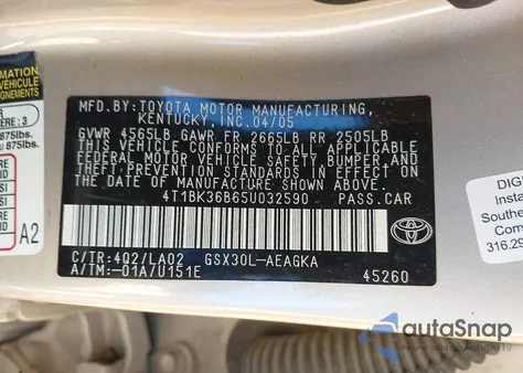 2005 Toyota Avalon Xls from USA, damaged, VIN 4T1BK36B65U032590